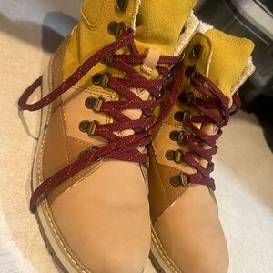 Yellow and Tan Lace-Up Boots